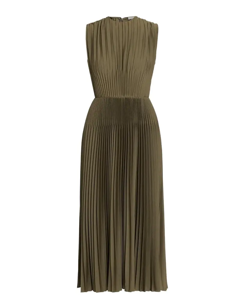 Vince Sleeveless Chevron-Pleated Satin Midi Dress