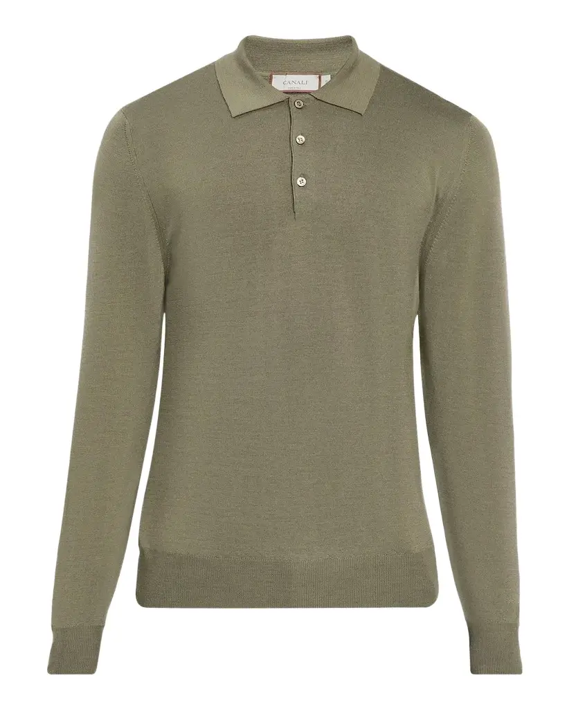 Canali Men's Merino Wool Knit Long-Sleeve Polo Shirt
