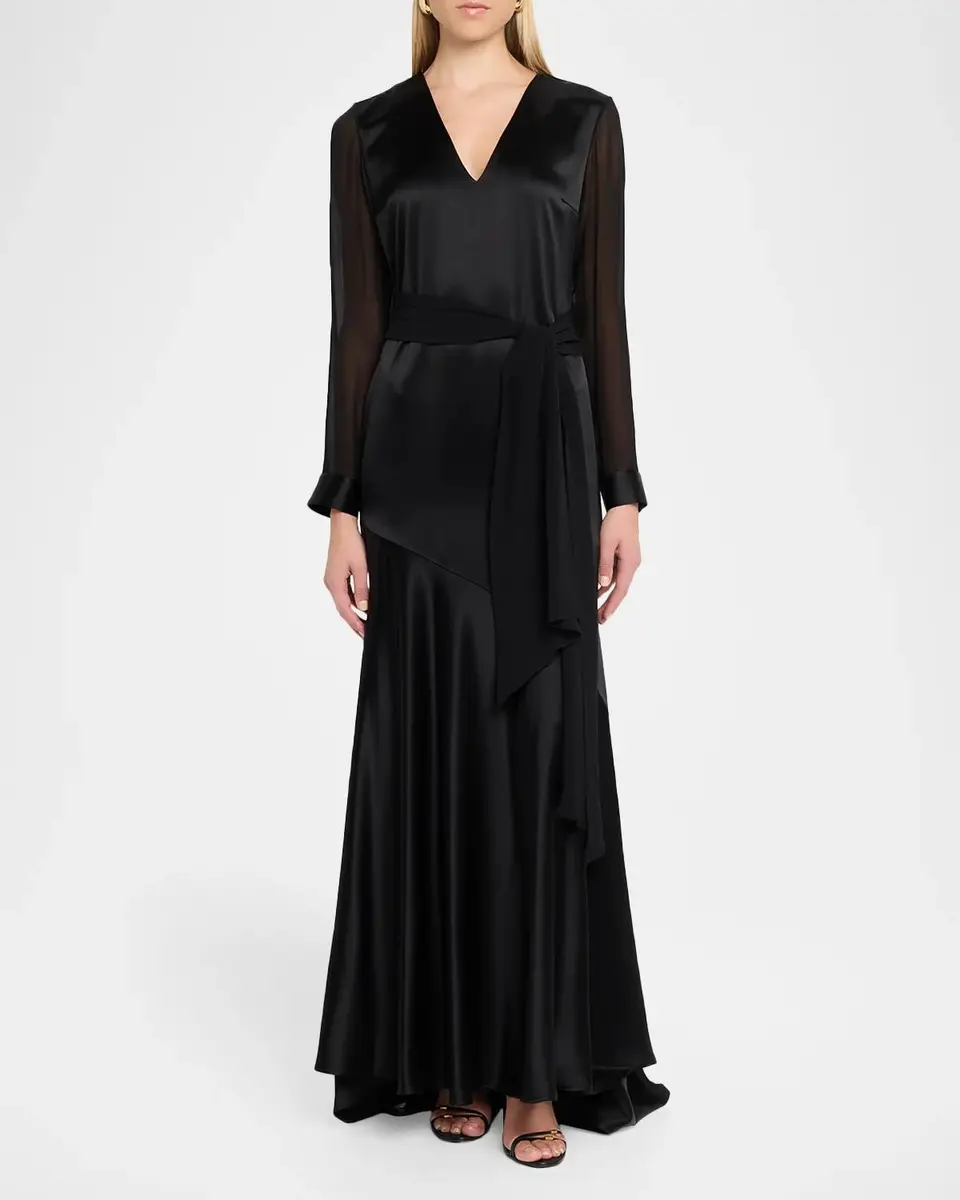 Kiton V-Neck Satin Long-Sleeve Belted Maxi Dress | Thumbnail 2 Kiton V-Neck Satin Long-Sleeve Belted Maxi Dress | Thumbnail 2