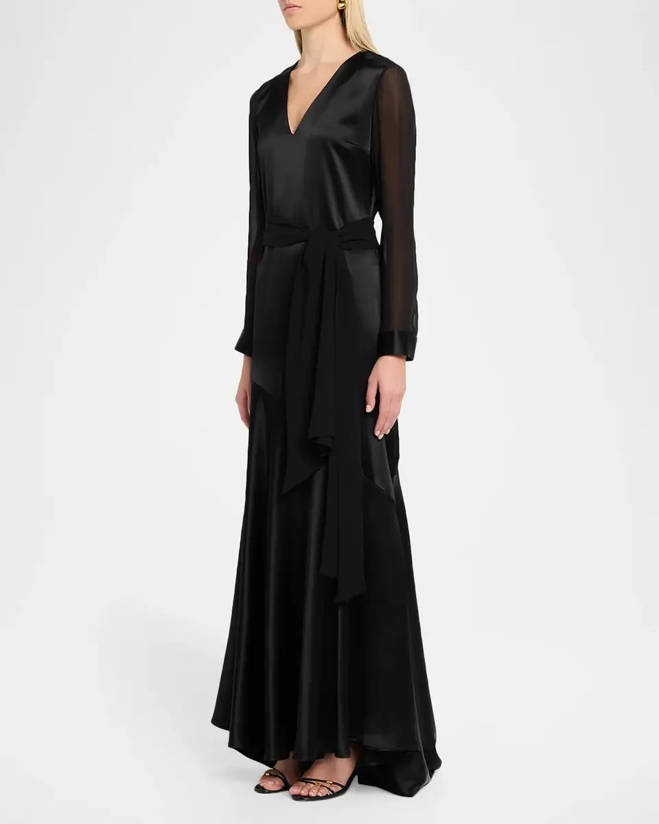 Kiton V-Neck Satin Long-Sleeve Belted Maxi Dress | Thumbnail 4 Kiton V-Neck Satin Long-Sleeve Belted Maxi Dress | Thumbnail 4