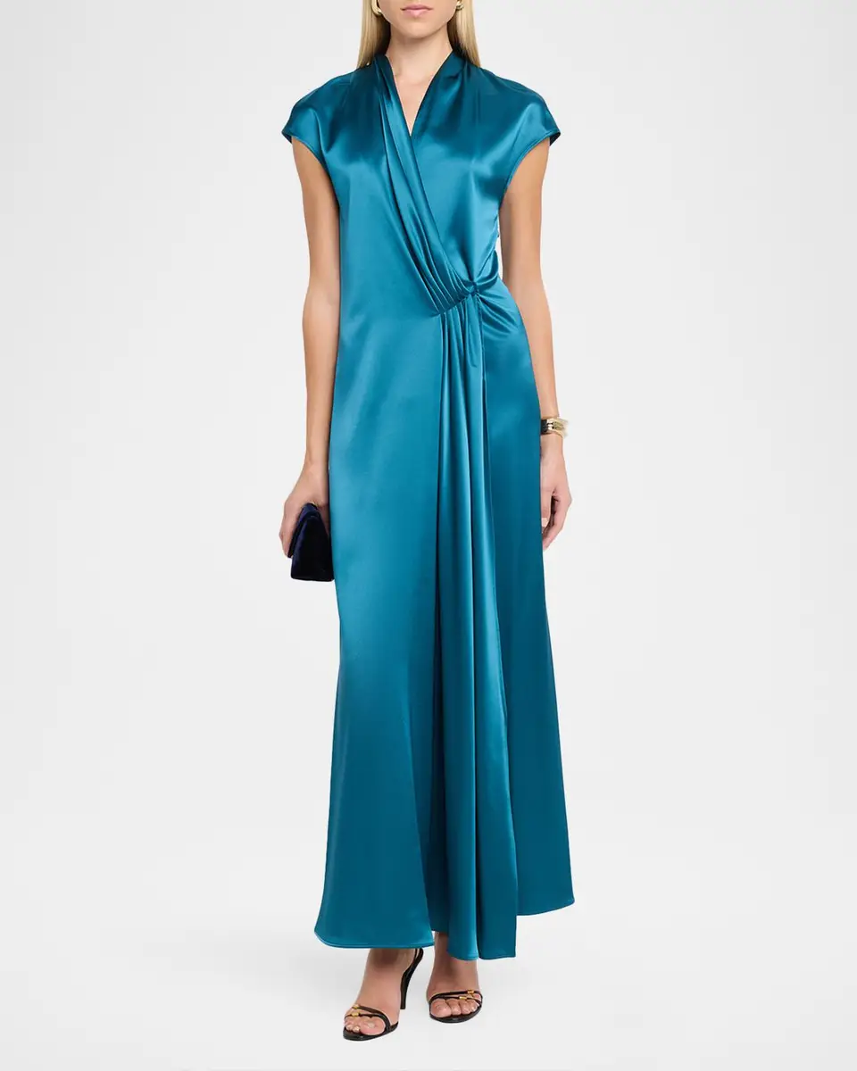 Kiton Cap-Sleeve Pleated Satin Wrap Maxi Dress | Thumbnail 2 Kiton Cap-Sleeve Pleated Satin Wrap Maxi Dress | Thumbnail 2