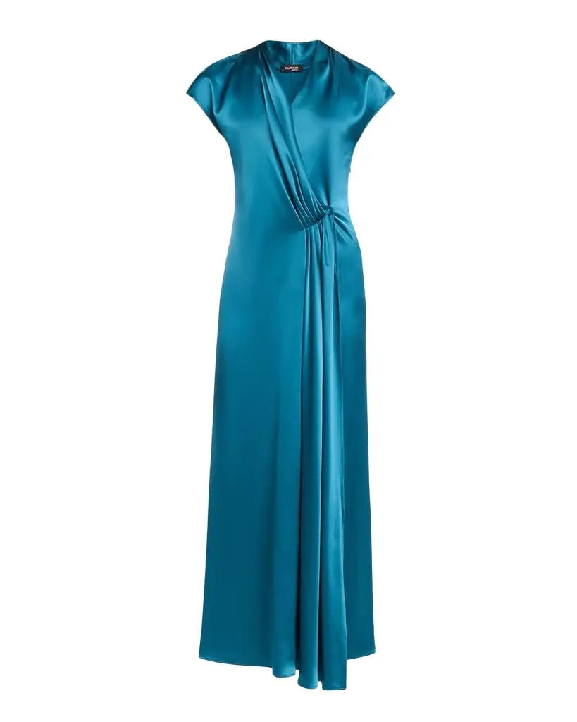 Kiton Cap-Sleeve Pleated Satin Wrap Maxi Dress