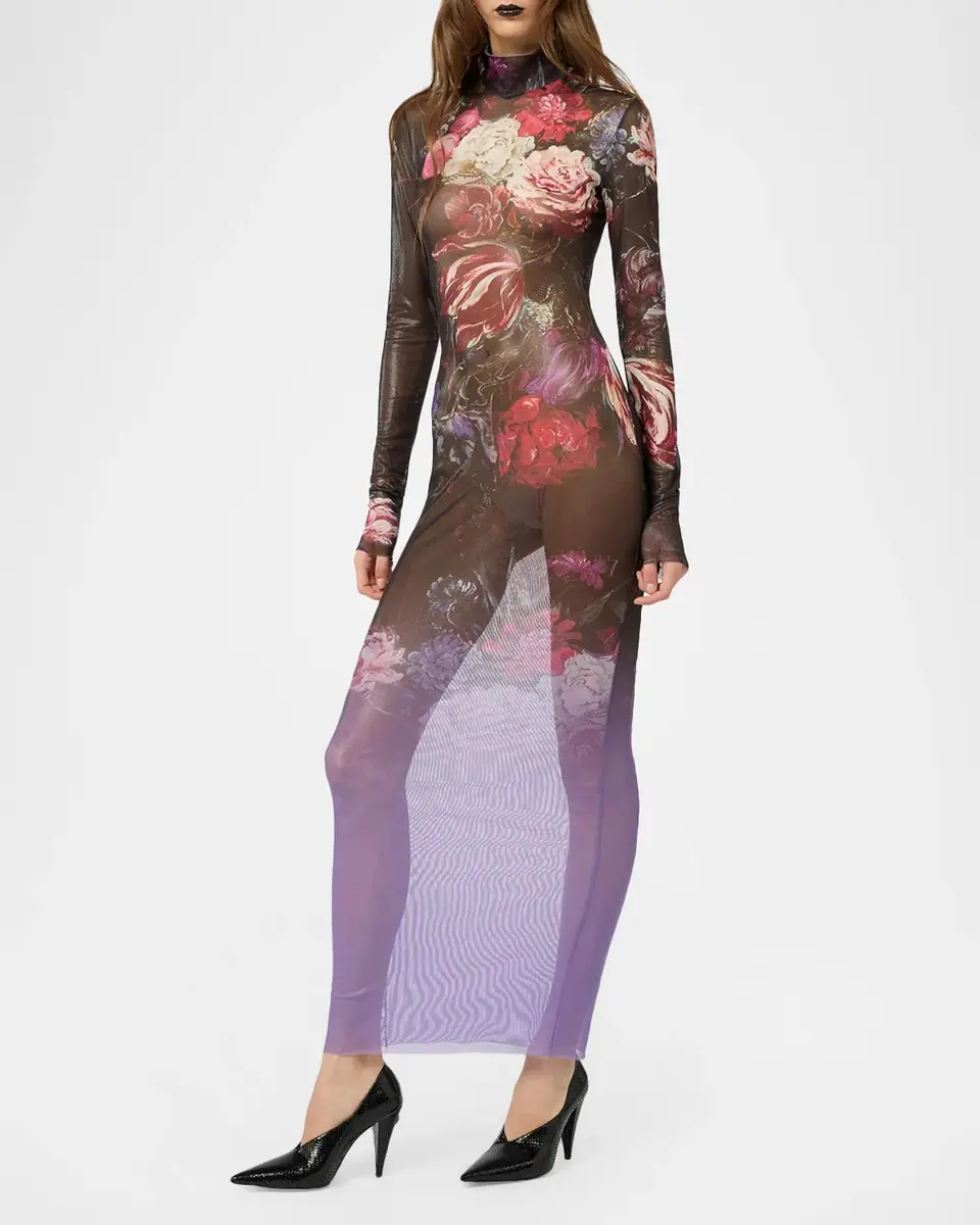Roberto Cavalli Turtleneck Bouquet-Print Metallic Mesh Long-Sleeve Maxi Dress | Thumbnail 2 Roberto Cavalli Turtleneck Bouquet-Print Metallic Mesh Long-Sleeve Maxi Dress | Thumbnail 2