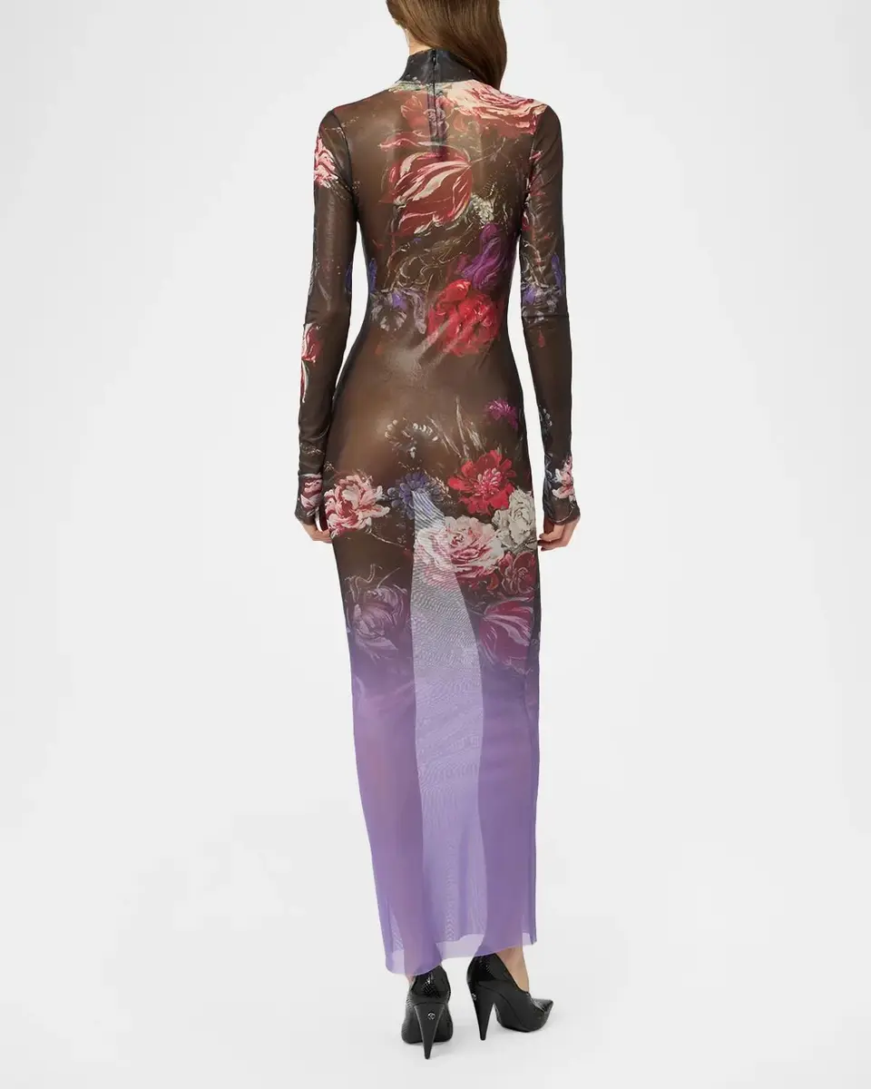Roberto Cavalli Turtleneck Bouquet-Print Metallic Mesh Long-Sleeve Maxi Dress | Thumbnail 3 Roberto Cavalli Turtleneck Bouquet-Print Metallic Mesh Long-Sleeve Maxi Dress | Thumbnail 3
