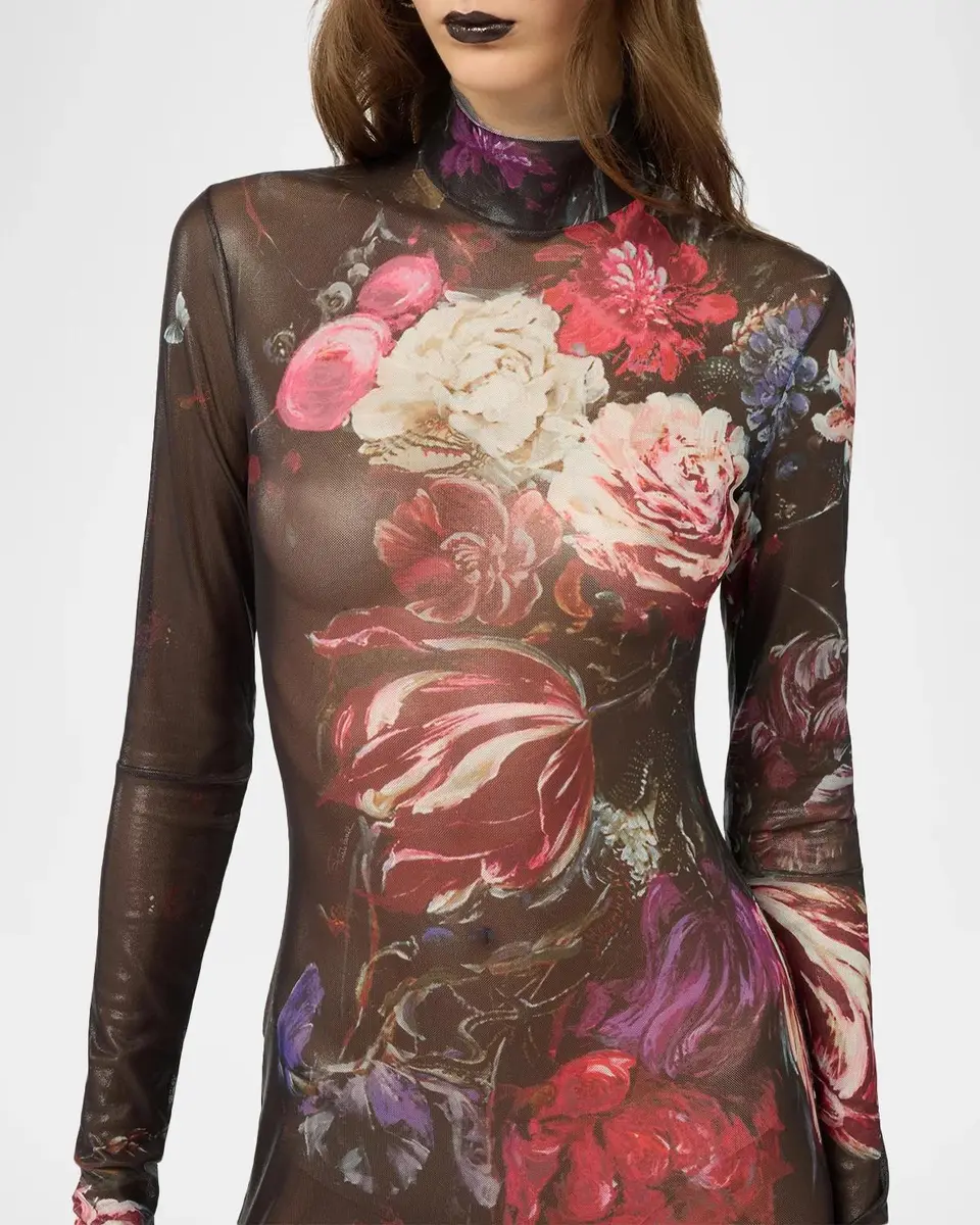 Roberto Cavalli Turtleneck Bouquet-Print Metallic Mesh Long-Sleeve Maxi Dress | Thumbnail 4 Roberto Cavalli Turtleneck Bouquet-Print Metallic Mesh Long-Sleeve Maxi Dress | Thumbnail 4