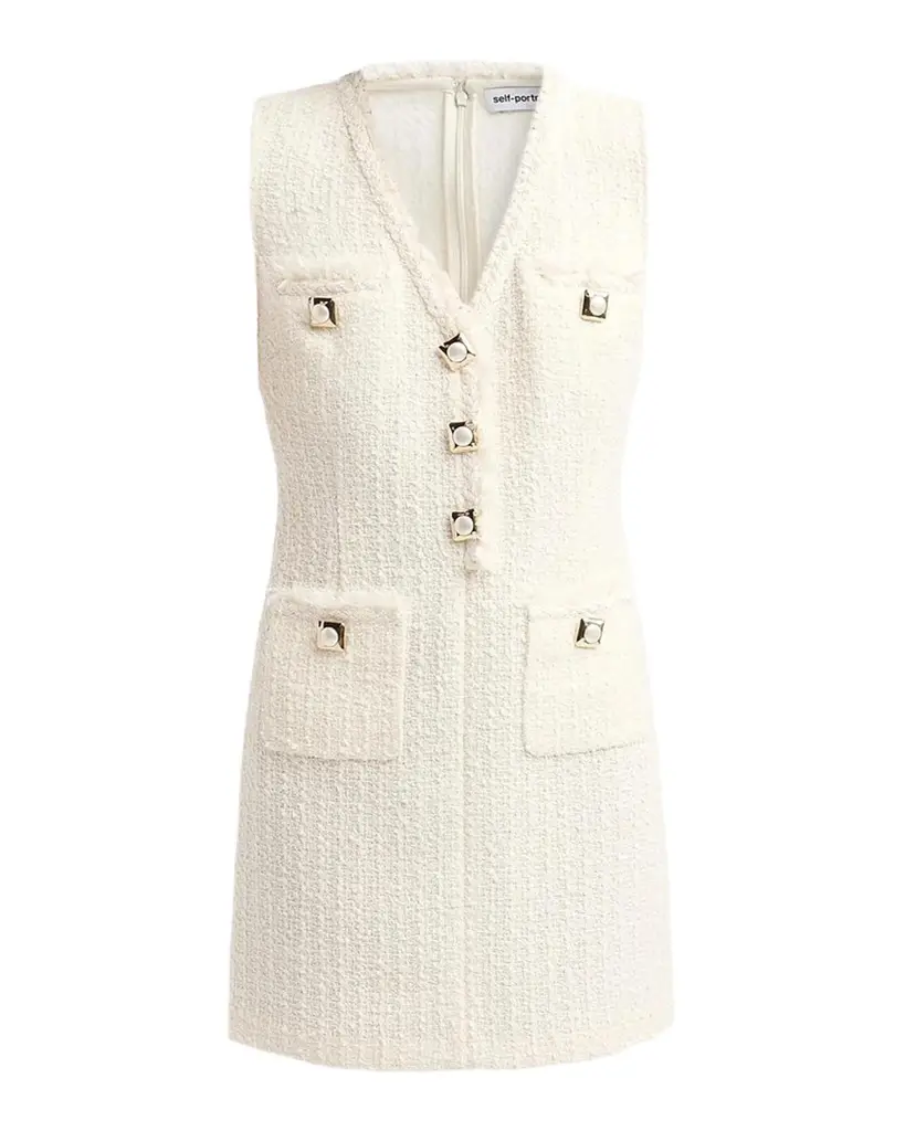 Self-Portrait Bouclé V-Neck Shift Mini Dress