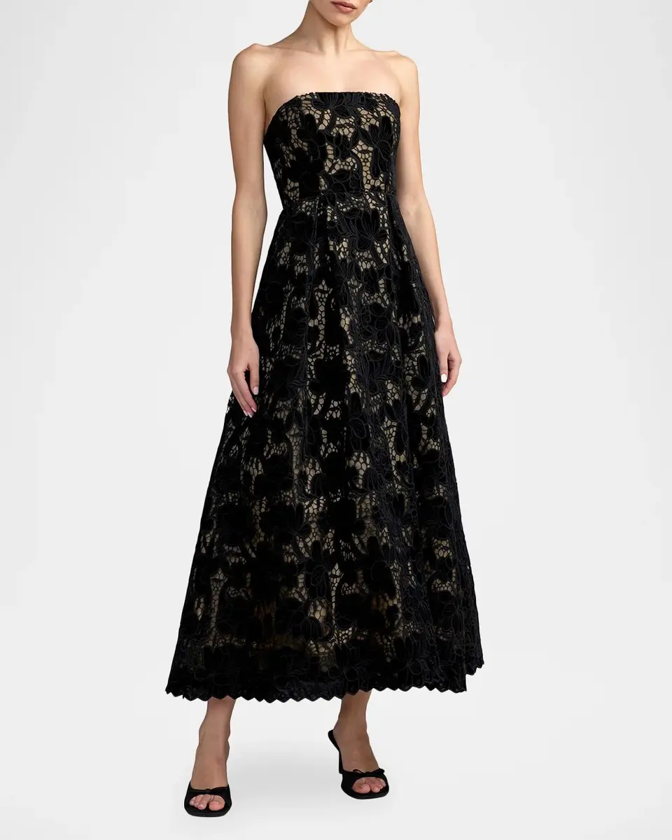 Mac Duggal Velvet Floral Lace Strapless Midi Dress | Thumbnail 2