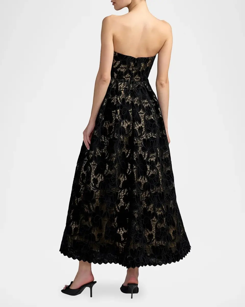 Mac Duggal Velvet Floral Lace Strapless Midi Dress | Thumbnail 3