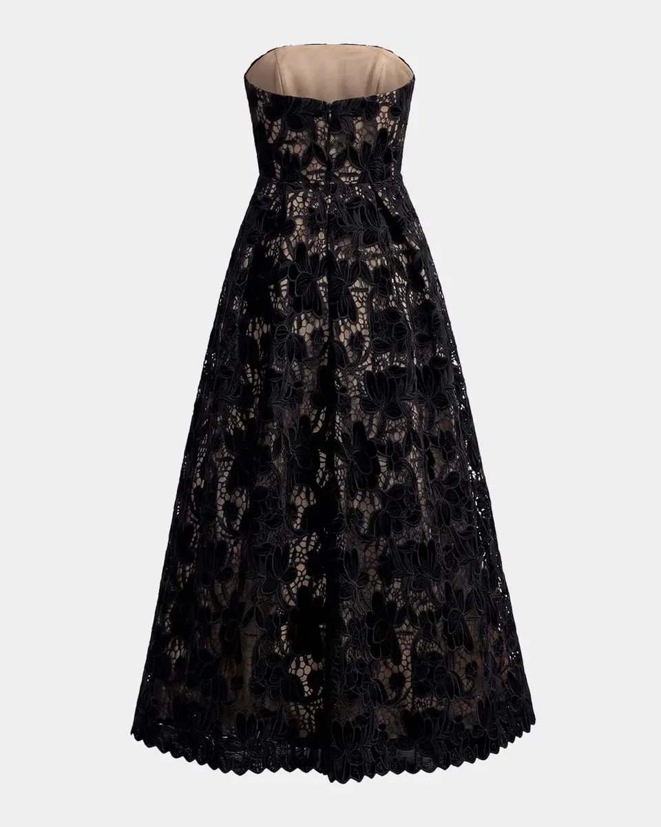 Mac Duggal Velvet Floral Lace Strapless Midi Dress | Thumbnail 5