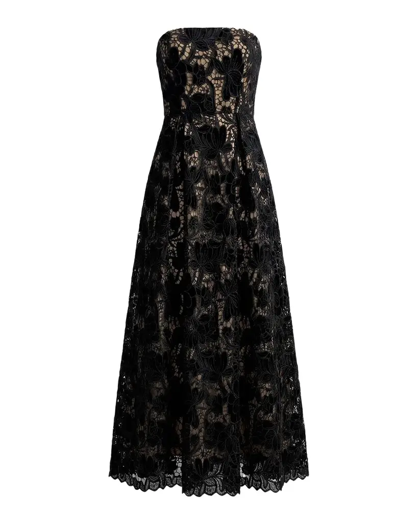 Mac Duggal Velvet Floral Lace Strapless Midi Dress