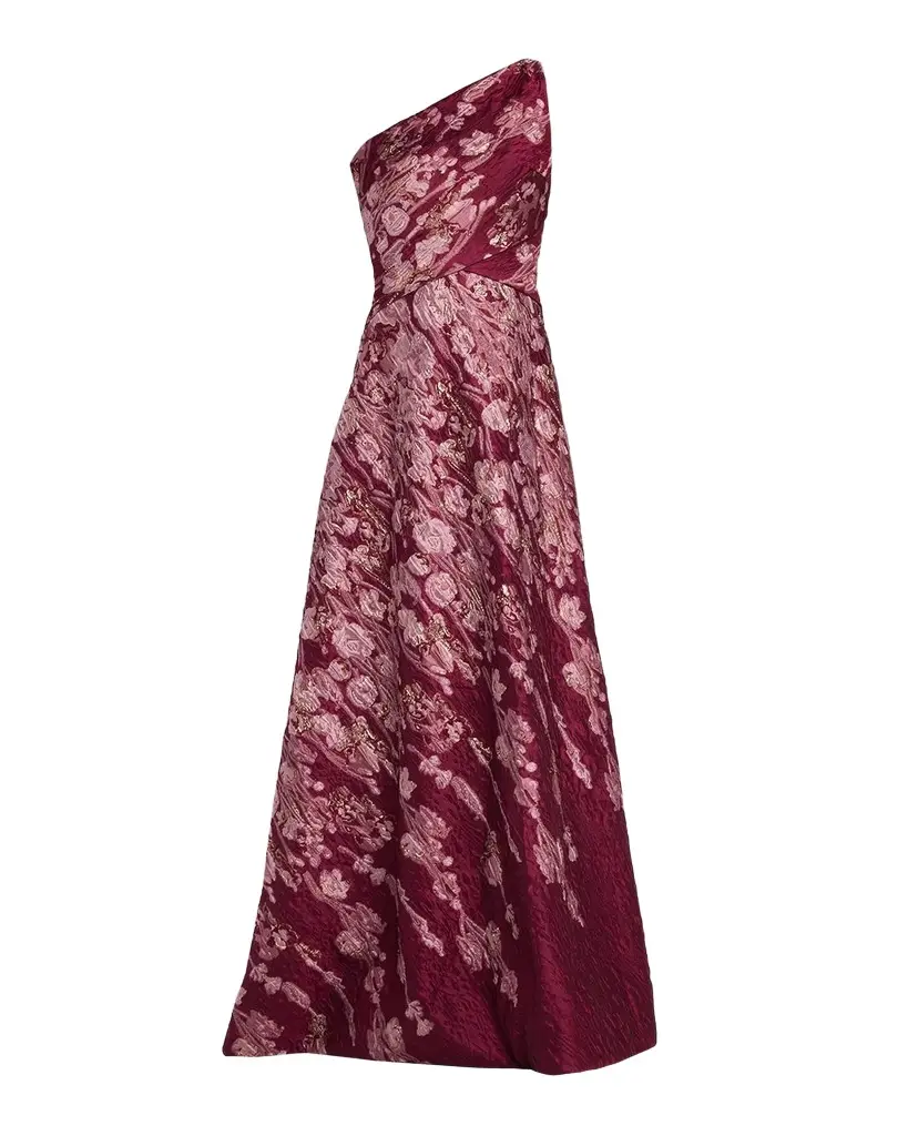 One-Shoulder Metallic Brocade Gown One-Shoulder Metallic Brocade Gown