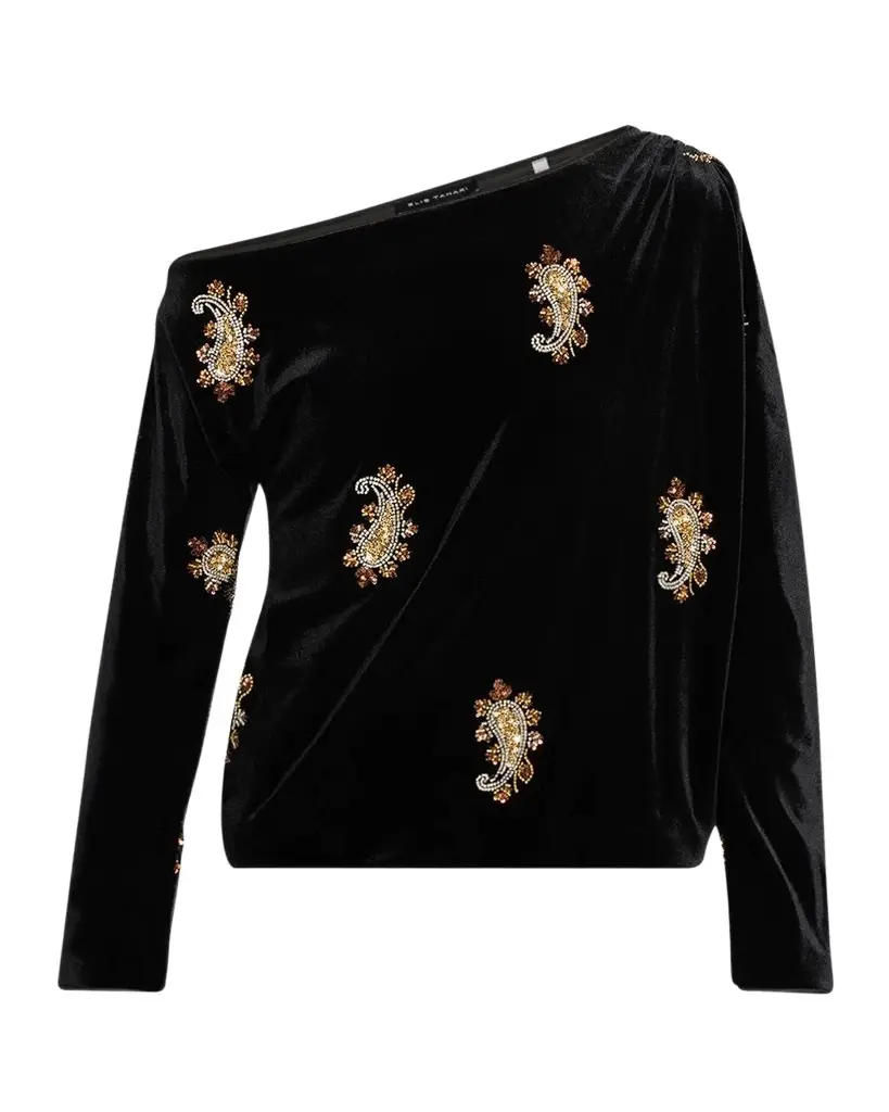 Elie Tahari Beaded Paisley Off-Shoulder Velvet Top