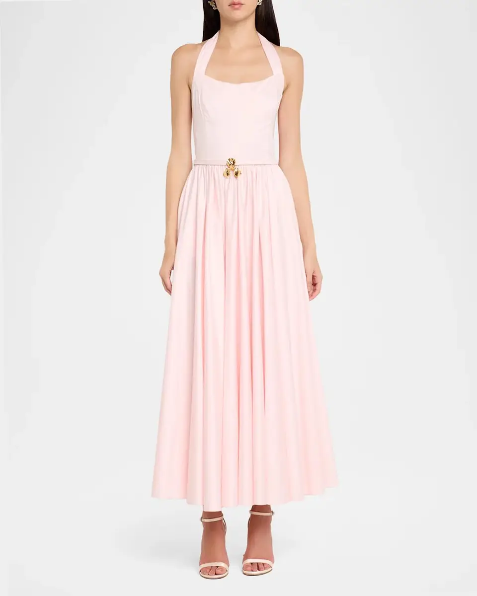 Oscar de la Renta Iris Belted Stretch Cotton Fit-And-Flare Halter Dress | Thumbnail 2