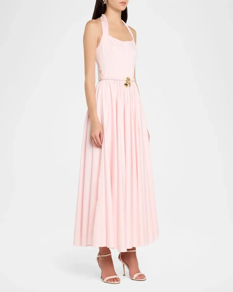 Oscar de la Renta Iris Belted Stretch Cotton Fit-And-Flare Halter Dress | Thumbnail 4