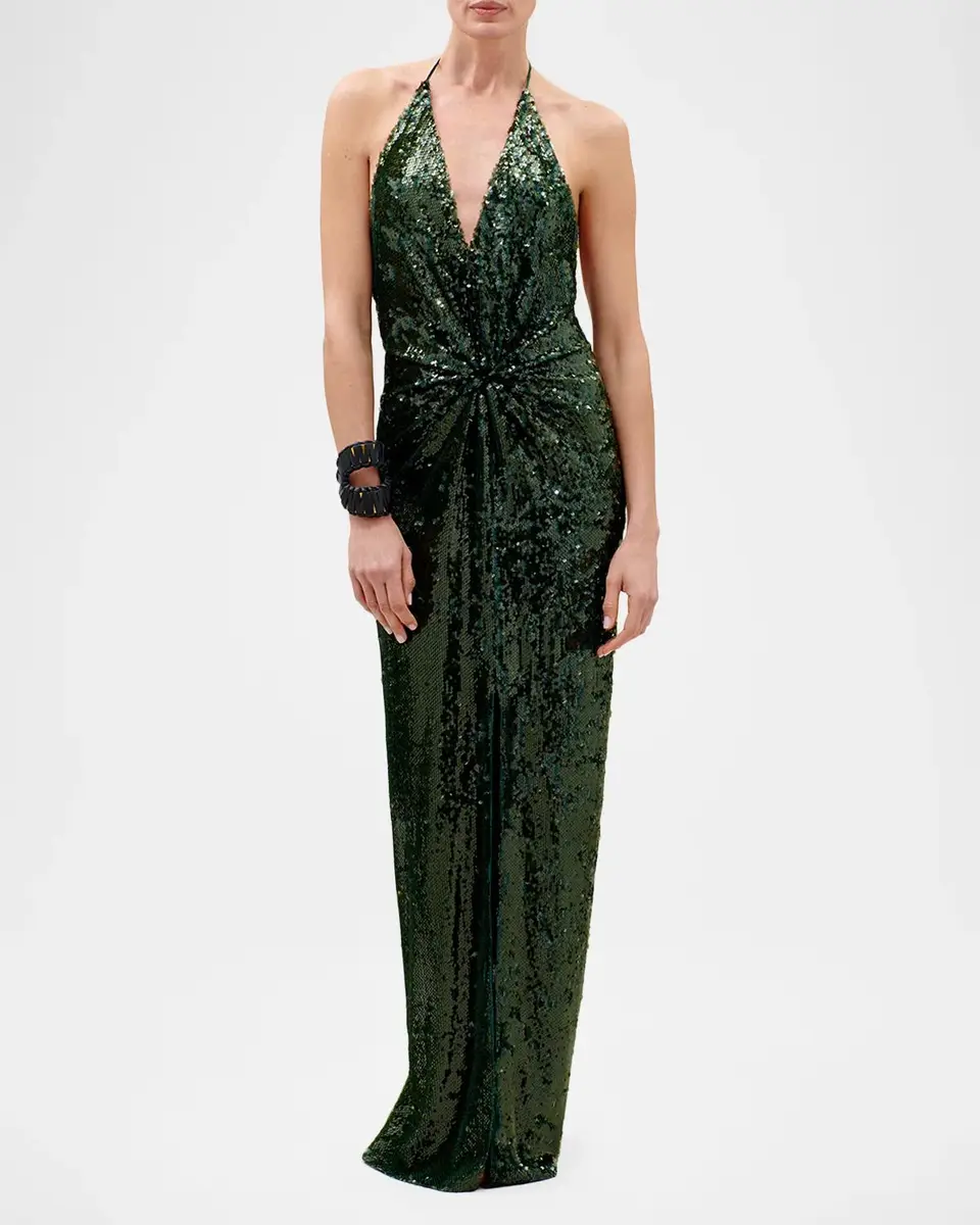 Silvia Tcherassi Rowan Twisted Plunging Halter Sequined Maxi Dress | Thumbnail 2