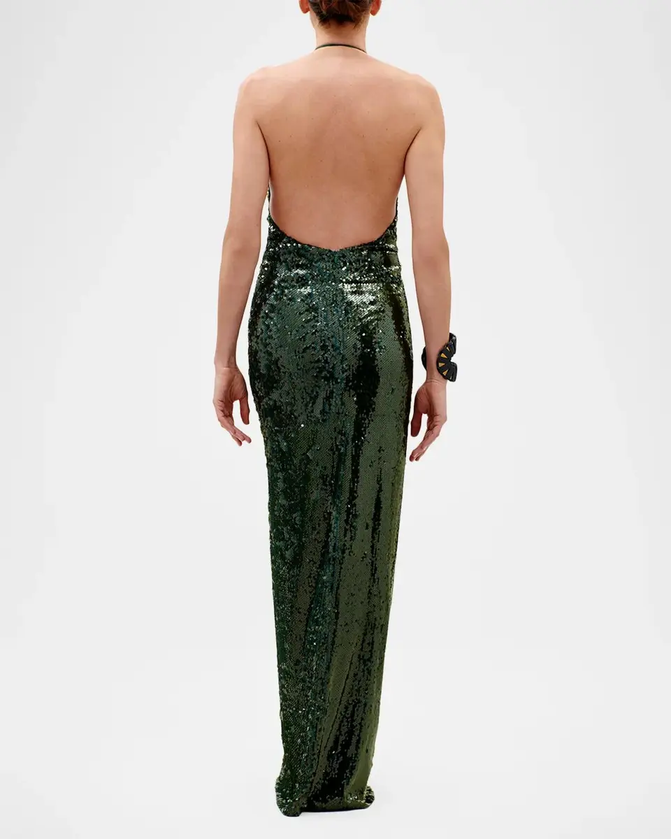 Silvia Tcherassi Rowan Twisted Plunging Halter Sequined Maxi Dress | Thumbnail 3