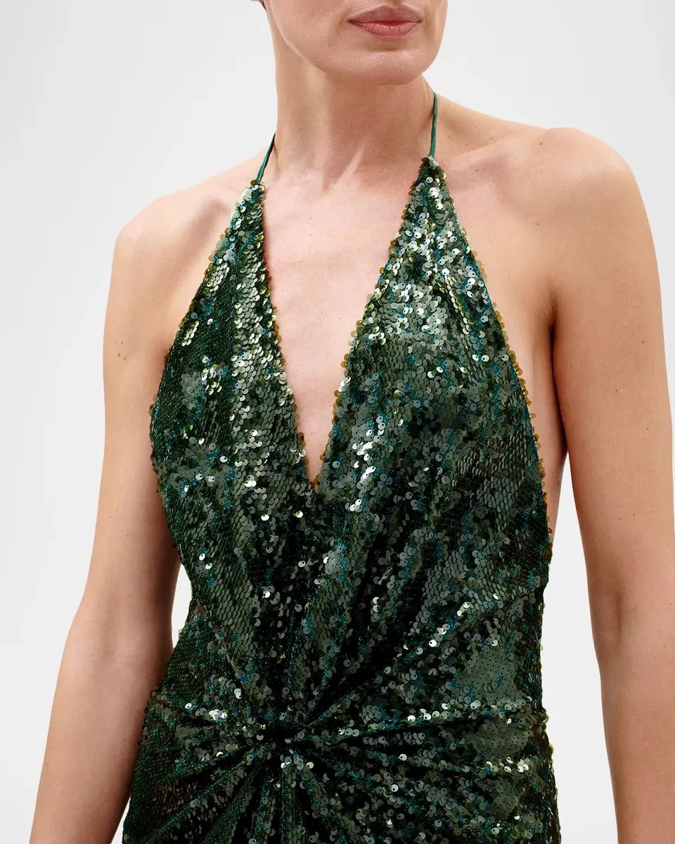 Silvia Tcherassi Rowan Twisted Plunging Halter Sequined Maxi Dress | Thumbnail 4