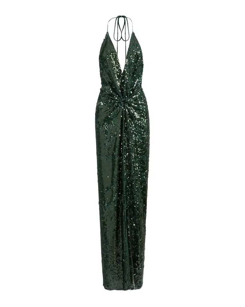 Rowan Twisted Plunging Halter Sequined Maxi Dress Rowan Twisted Plunging Halter Sequined Maxi Dress