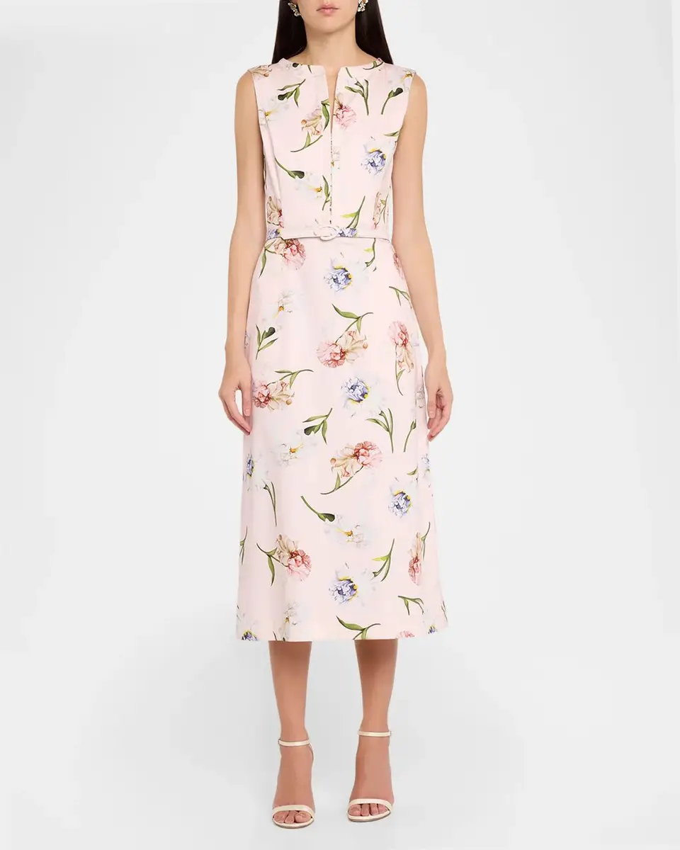 Oscar de la Renta Sleeveless Painted Iris-Print Belted Midi Dress | Thumbnail 2 Oscar de la Renta Sleeveless Painted Iris-Print Belted Midi Dress | Thumbnail 2