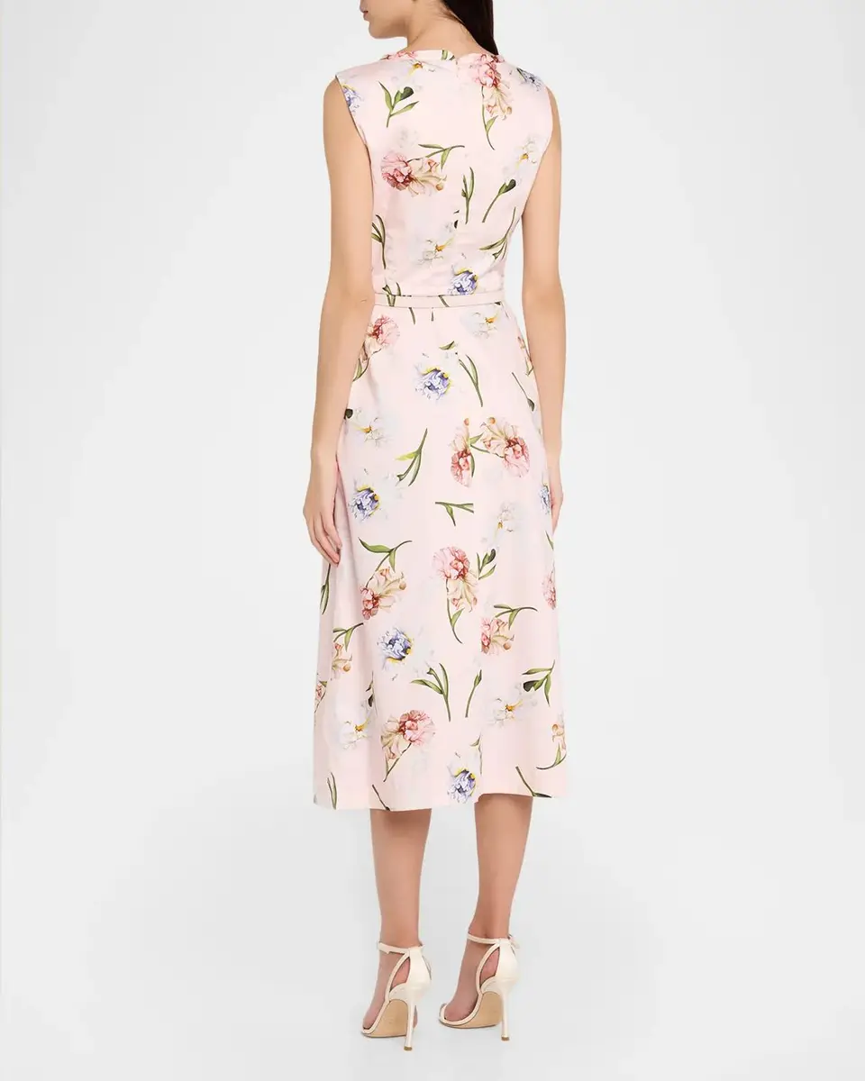 Oscar de la Renta Sleeveless Painted Iris-Print Belted Midi Dress | Thumbnail 3 Oscar de la Renta Sleeveless Painted Iris-Print Belted Midi Dress | Thumbnail 3