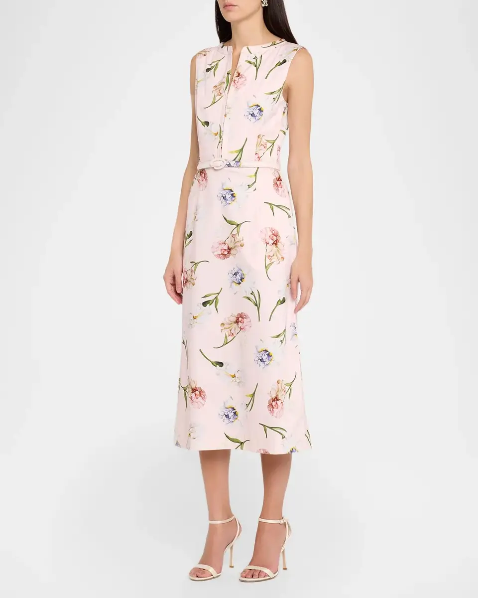 Oscar de la Renta Sleeveless Painted Iris-Print Belted Midi Dress | Thumbnail 4 Oscar de la Renta Sleeveless Painted Iris-Print Belted Midi Dress | Thumbnail 4