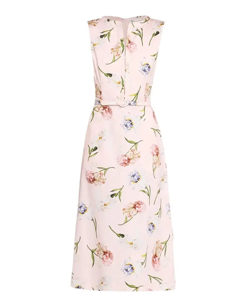 Oscar de la Renta Sleeveless Painted Iris-Print Belted Midi Dress