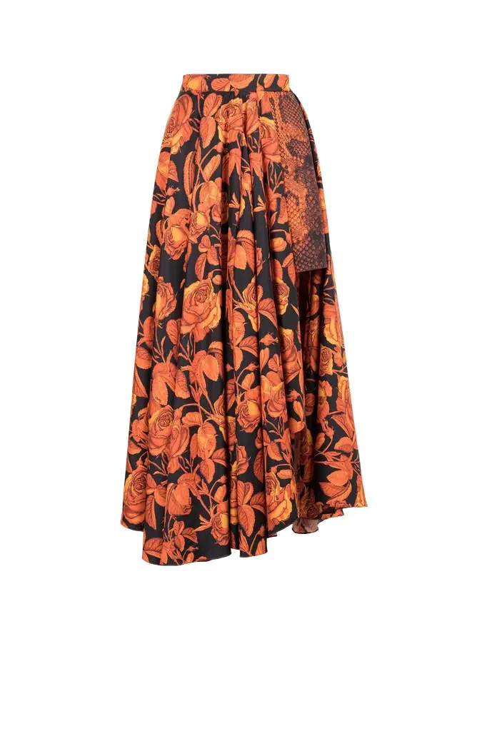 Roberto Cavalli Rose And Python-Print Asymmetric Skirt