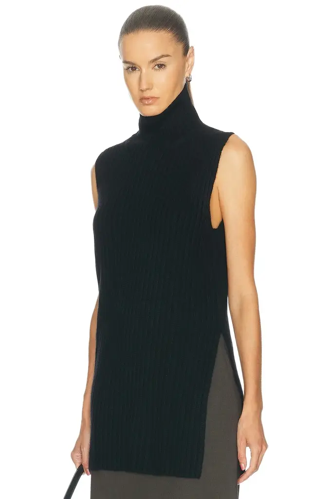 Loulou de Saison Becca High Neck Sweater Vest With Side Slits