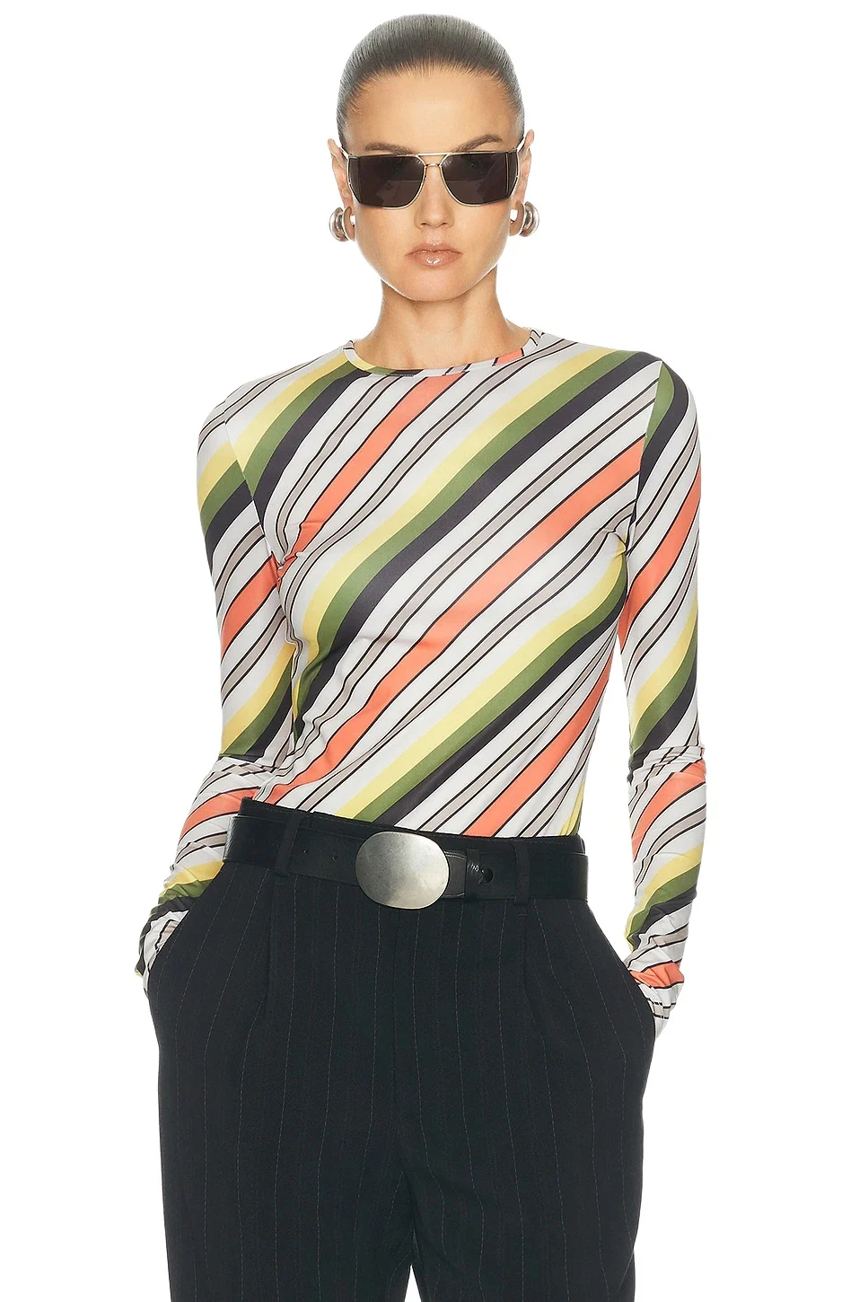 Jersey Lycra Printed Retro Stripe Long Sleeve Top Jersey Lycra Printed Retro Stripe Long Sleeve Top