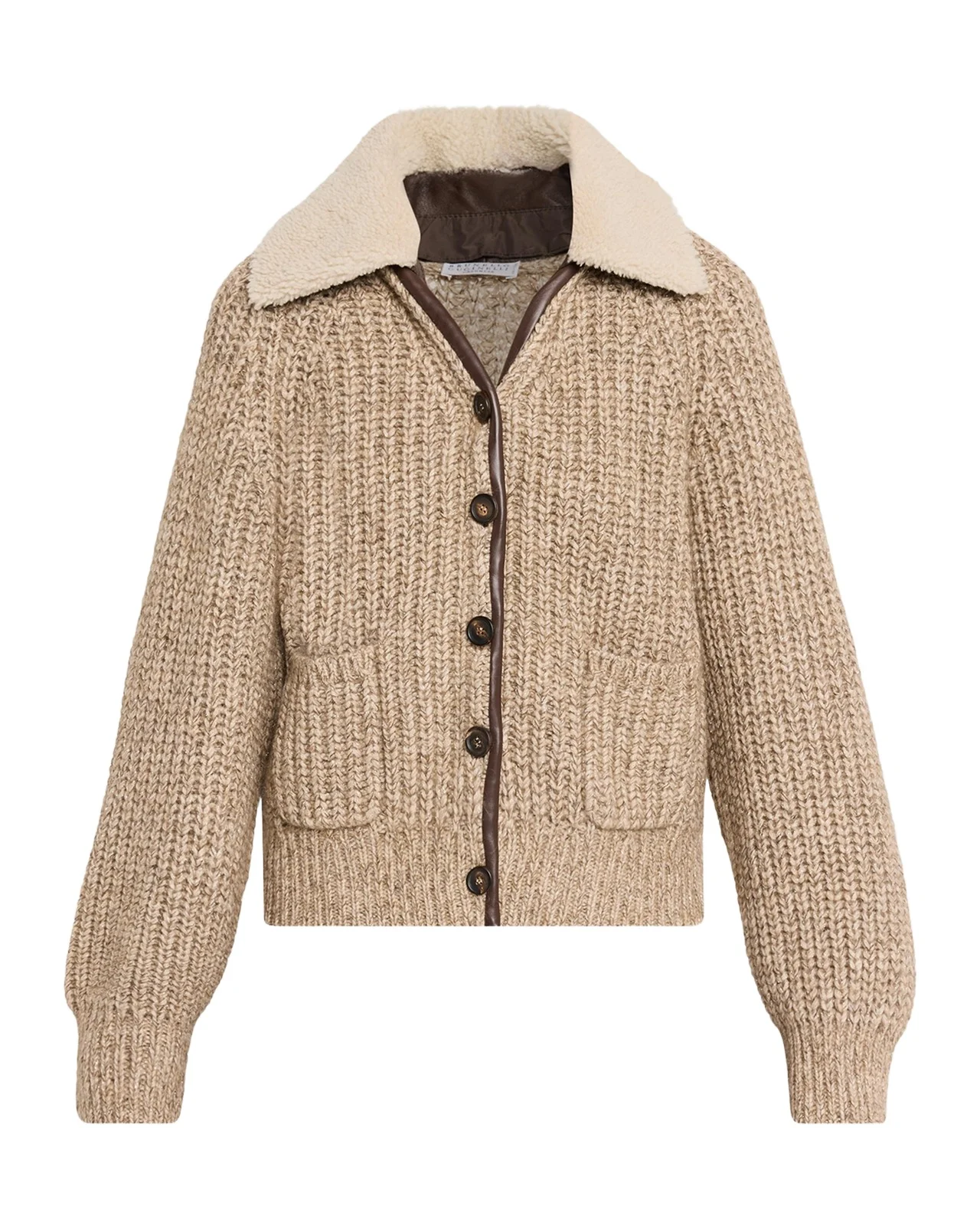 Brunello Cucinelli Lamb Shearling Collar Cashmere-Wool Cardigan