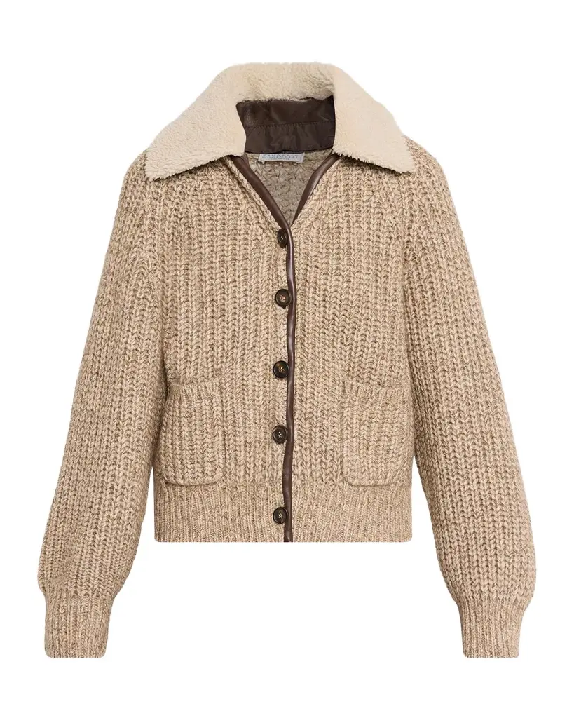Brunello Cucinelli Lamb Shearling Collar Cashmere-Wool Cardigan