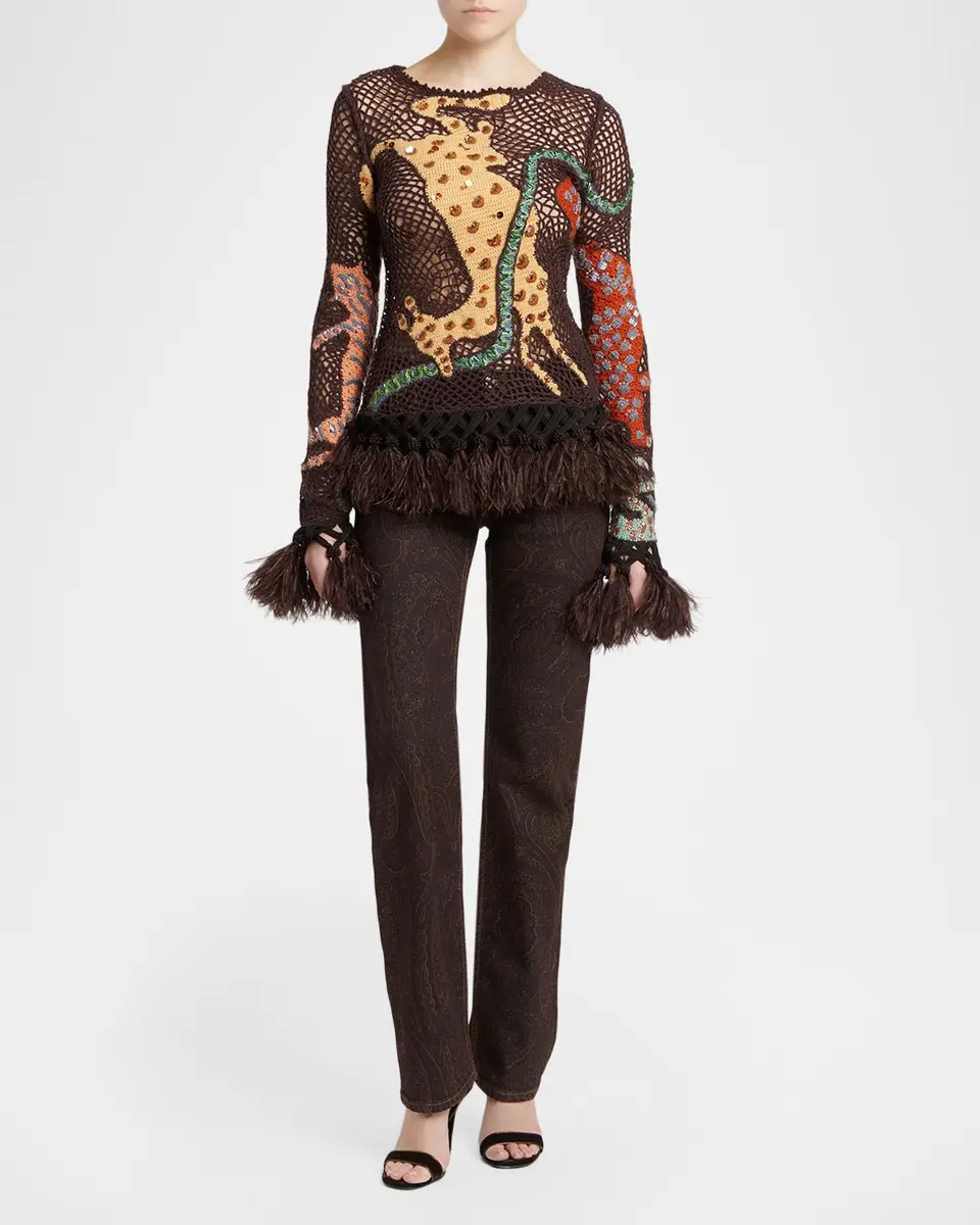 Etro Feather-Trim Animalier Crochet Knit Long-Sleeve Top | Thumbnail 2 Etro Feather-Trim Animalier Crochet Knit Long-Sleeve Top | Thumbnail 2