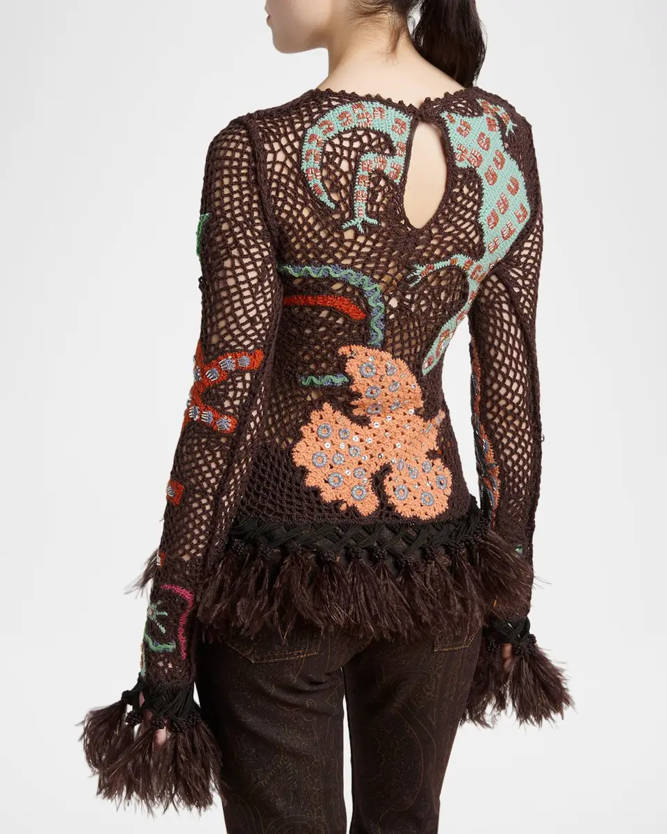 Etro Feather-Trim Animalier Crochet Knit Long-Sleeve Top | Thumbnail 3 Etro Feather-Trim Animalier Crochet Knit Long-Sleeve Top | Thumbnail 3