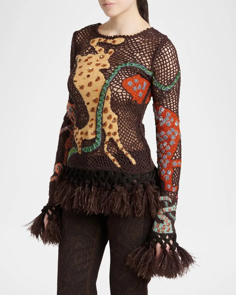 Etro Feather-Trim Animalier Crochet Knit Long-Sleeve Top | Thumbnail 4 Etro Feather-Trim Animalier Crochet Knit Long-Sleeve Top | Thumbnail 4