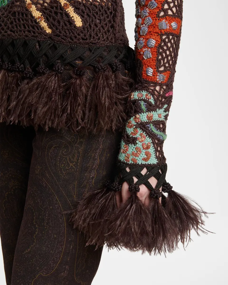 Etro Feather-Trim Animalier Crochet Knit Long-Sleeve Top | Thumbnail 5 Etro Feather-Trim Animalier Crochet Knit Long-Sleeve Top | Thumbnail 5