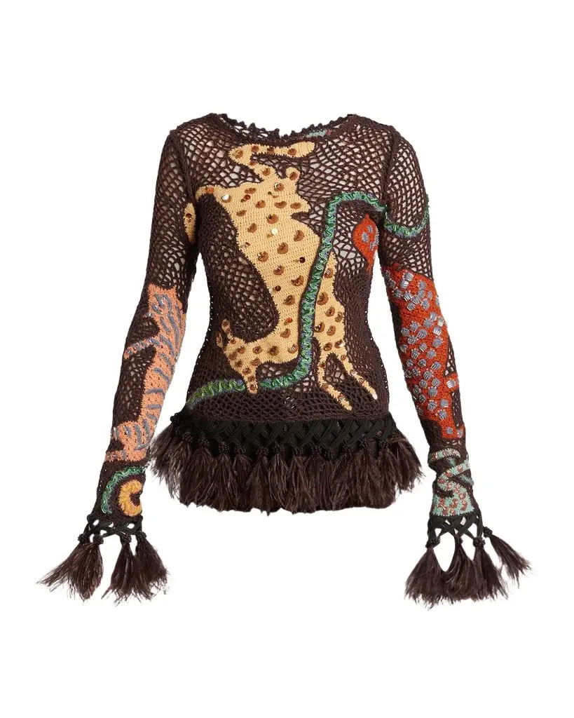 Etro Feather-Trim Animalier Crochet Knit Long-Sleeve Top