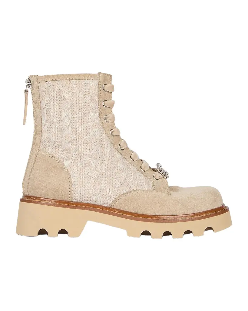 Roger Vivier Viv Rangers Cable-Knit & Suede Combat Boots