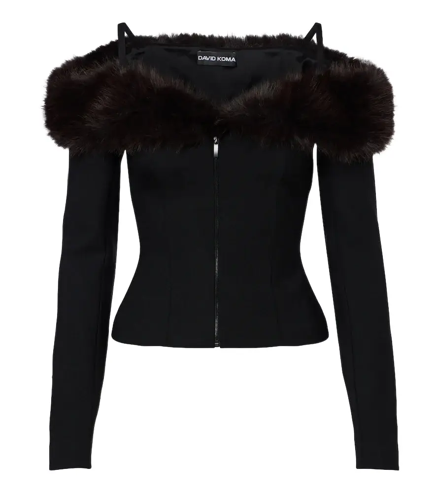 David Koma Off-shoulder wool-blend zip-up top