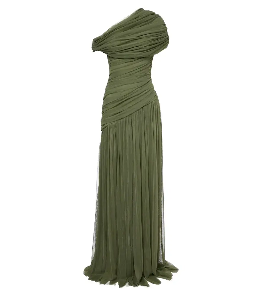 Himalia ruched one-shoulder tulle gown