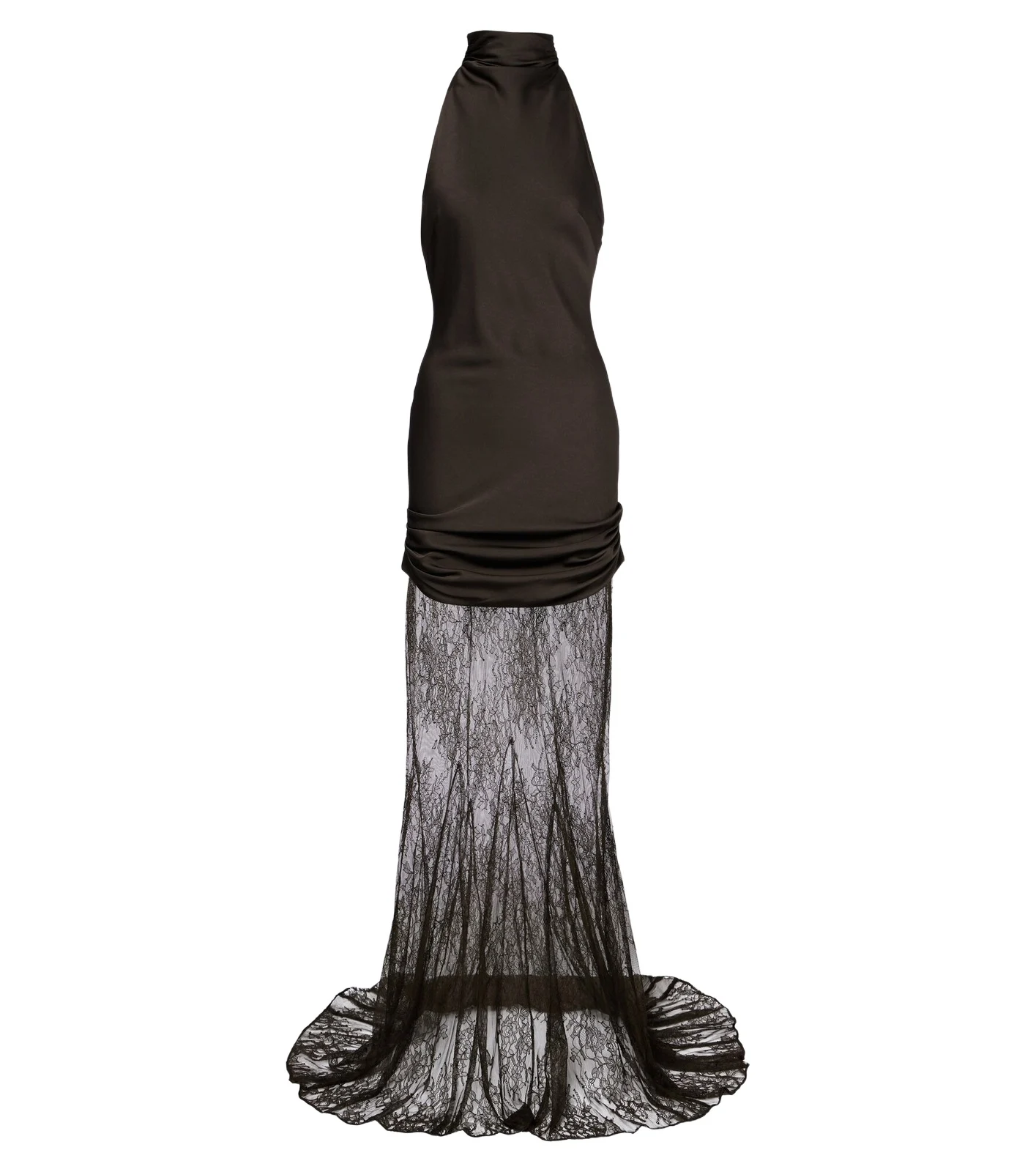Eldra ruched lace-trimmed satin maxi dress