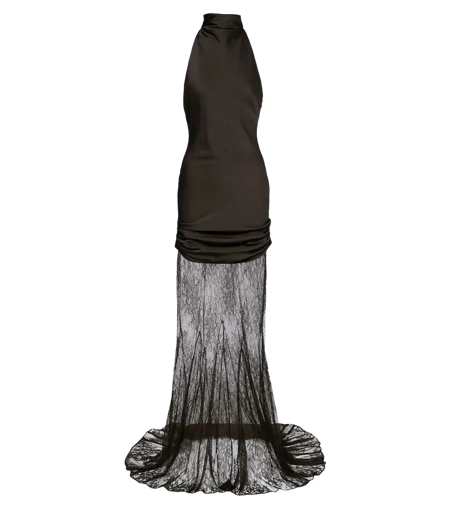Eldra ruched lace-trimmed satin maxi dress Eldra ruched lace-trimmed satin maxi dress