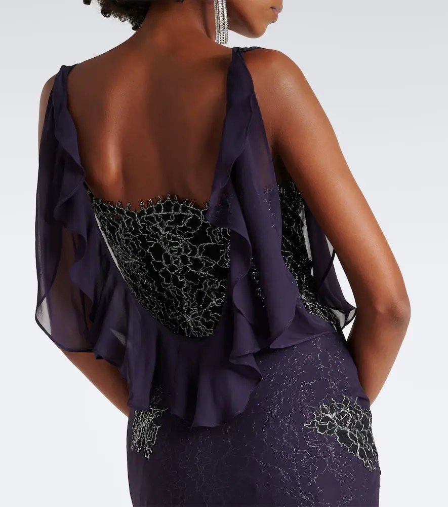 DE LA VALI Emerald lace-trimmed georgette gown | Thumbnail 3