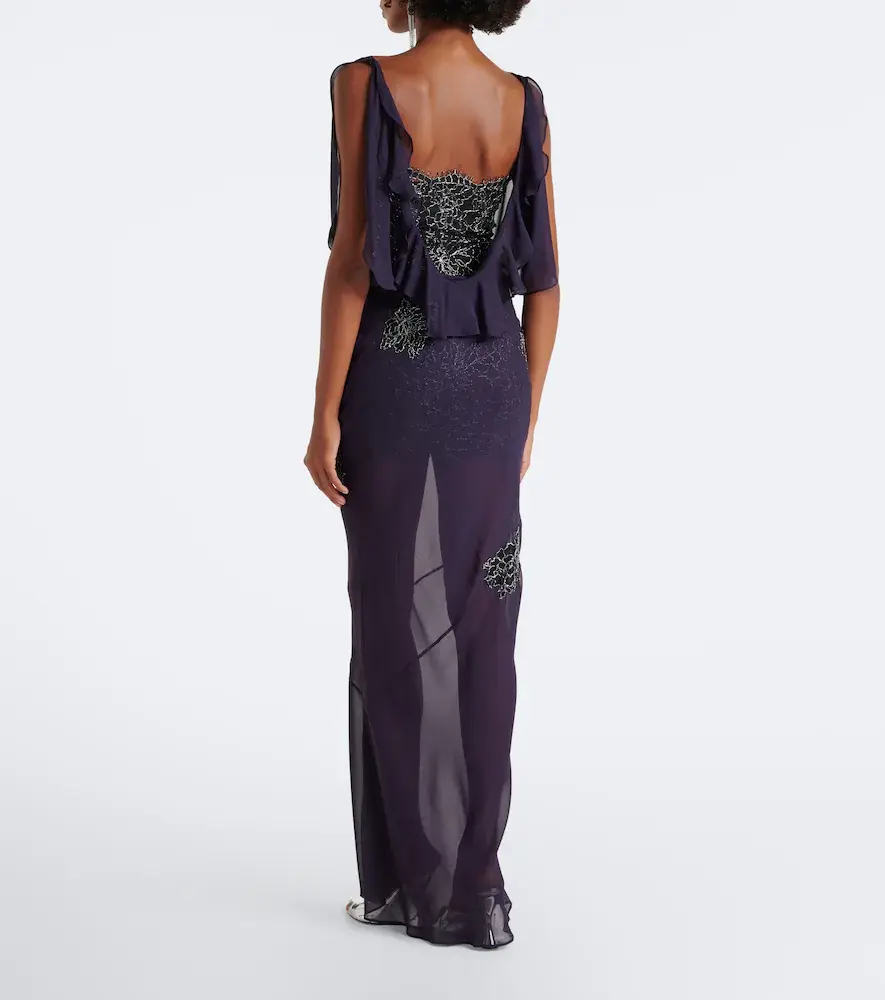 DE LA VALI Emerald lace-trimmed georgette gown | Thumbnail 5