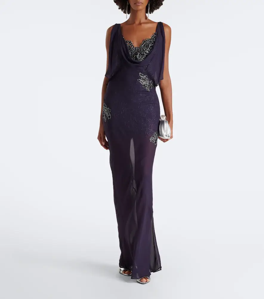 DE LA VALI Emerald lace-trimmed georgette gown | Thumbnail 7