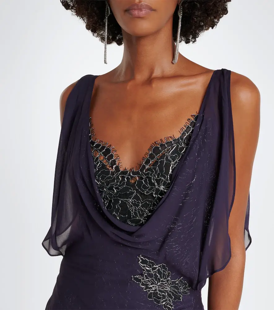 DE LA VALI Emerald lace-trimmed georgette gown | Thumbnail 8
