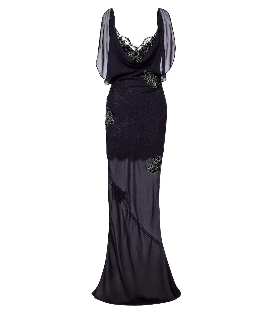 Emerald lace-trimmed georgette gown Emerald lace-trimmed georgette gown