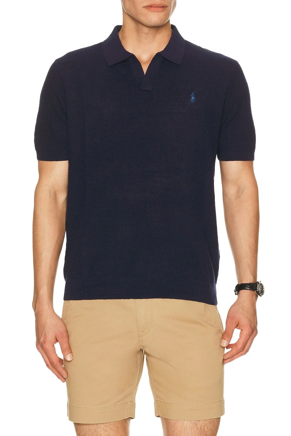 Short Sleeve Textured Johnny Collar Polo Sweater