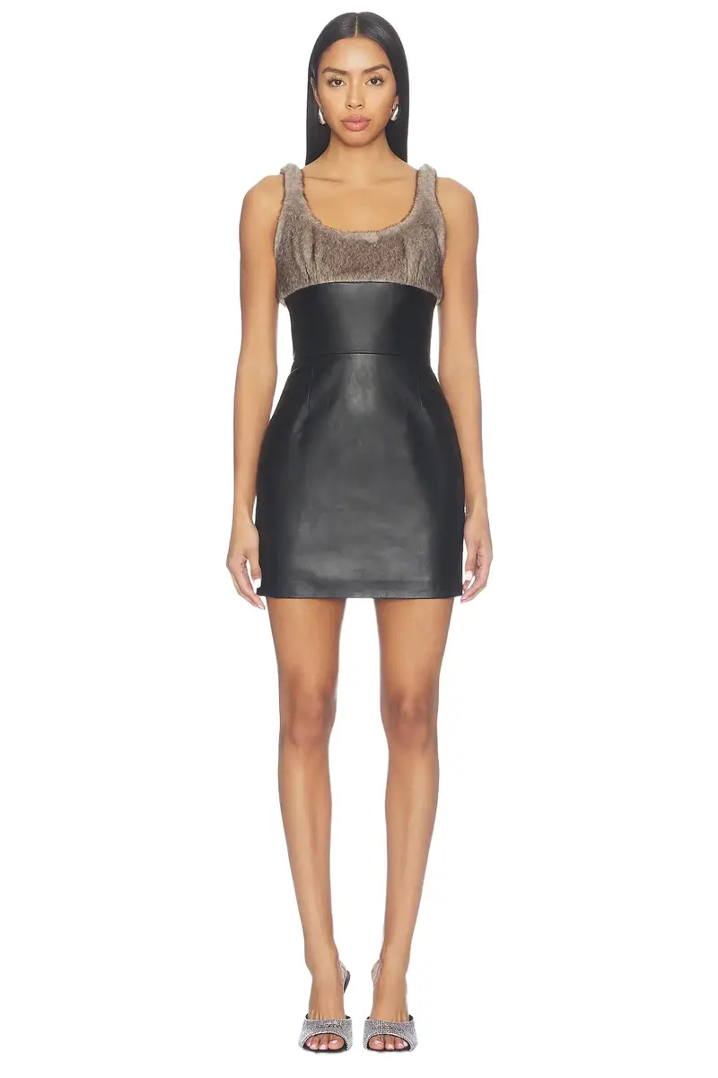 Tailored Leather Dress With Faux Fur