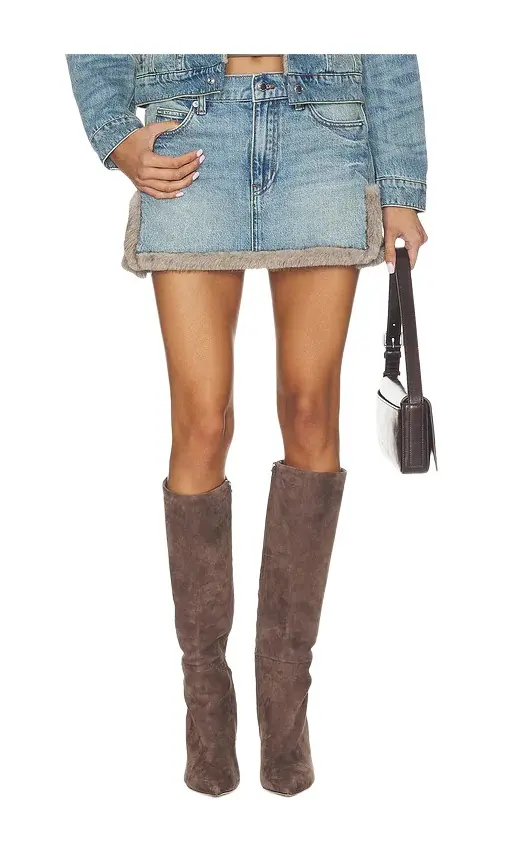 Denim Mini Skirt With Faux Mink Trim Denim Mini Skirt With Faux Mink Trim