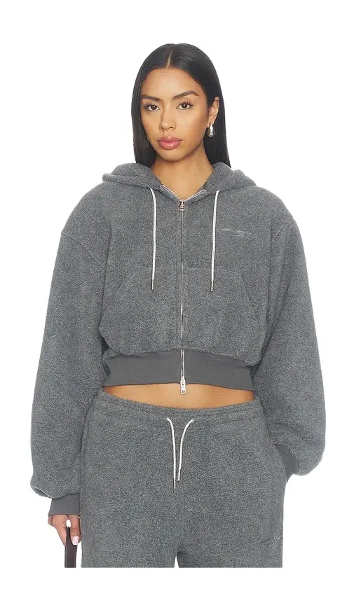 Alexander Wang Shrunken Zip-up Hoodie With Rhinestone Drawcord